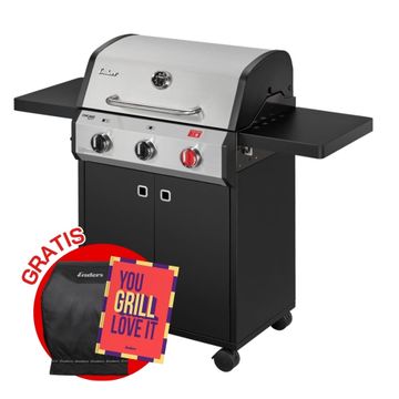 Grill gazowy Enders Chicago Next 3 R Turbo w kolorze czarnym ze stalową pokrywą i dwiema składanymi półkami bocznymi.