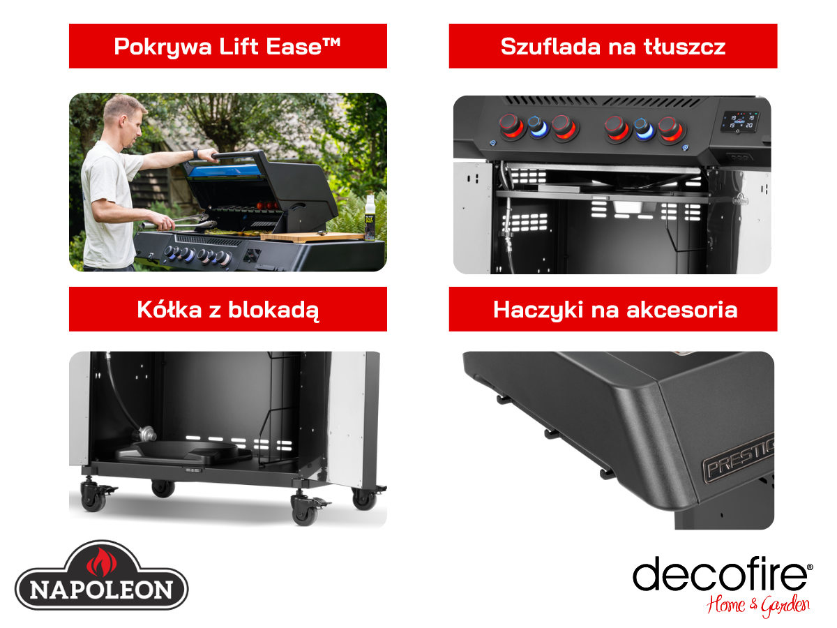 Dodatkowe udogodnienia w grillu gazowym Napoleon Phantom Prestige 500 z palnikiem bocznym Sizzle Zone i tylnym na podczerwień