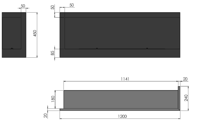 Biokominek narony Simple Fire CORNER 1200R rysunek techniczny wymiary