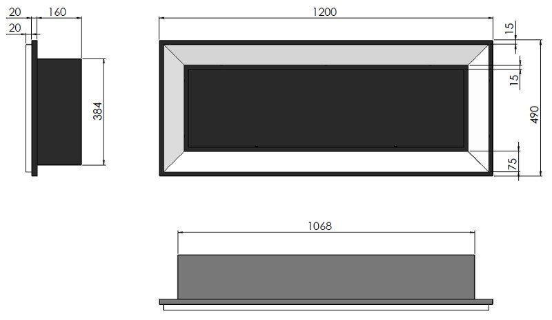Rysunek techniczny wymiary kominka Simple Fire FRAME 1200