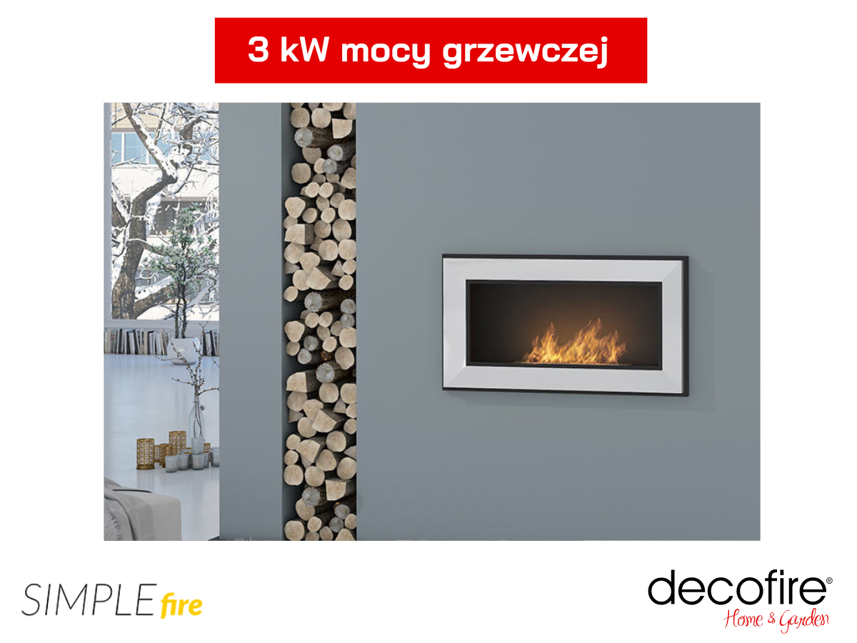 Biały biokominek Simple Fire FRAME 900 z mocą grzewczą 3 kW ogrzewa pomieszczenie