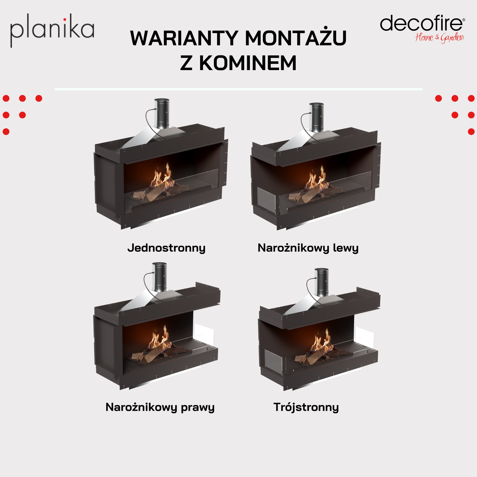 Biokominek Planika Flogs 990+ mm + Forma 1200 z podłączeniem do komina warianty montażu