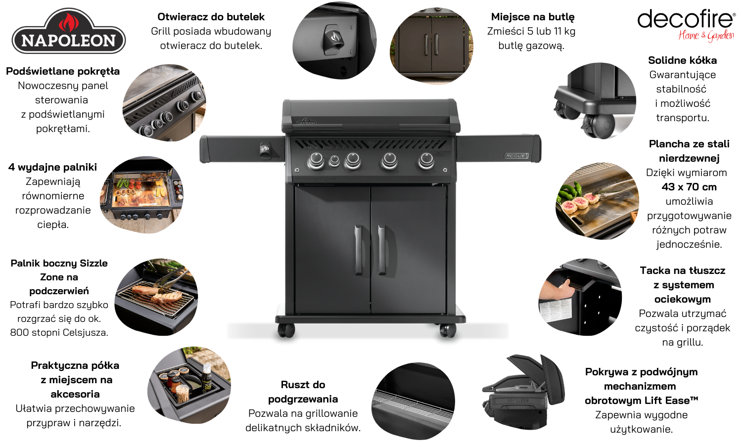 Grill gazowy Napoleon Phantom Rogue PRO Plancha z palnikiem bocznym Sizzle Zone cechy