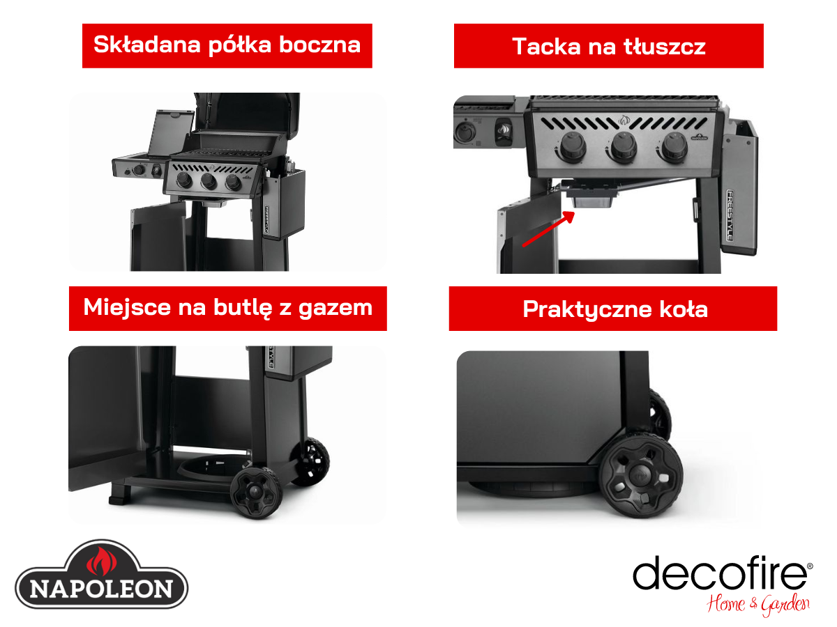 Udogodnienia w grillu gazowym Napoleon Freestyle 365 z palnikiem do steków 800°C