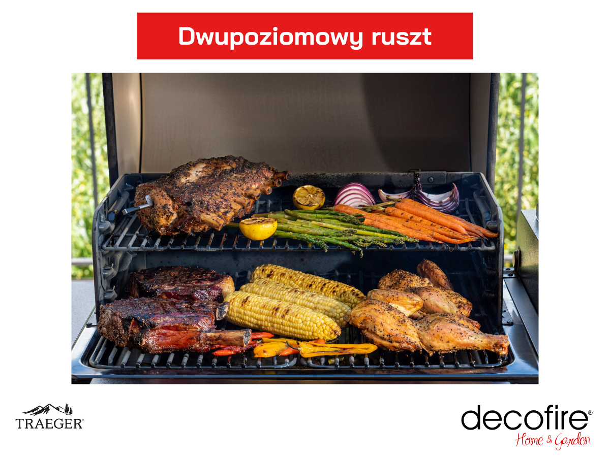 Duża powierzchnia grillowania – dwupoziomowy ruszt ze stali pokrytej emalią porcelanową