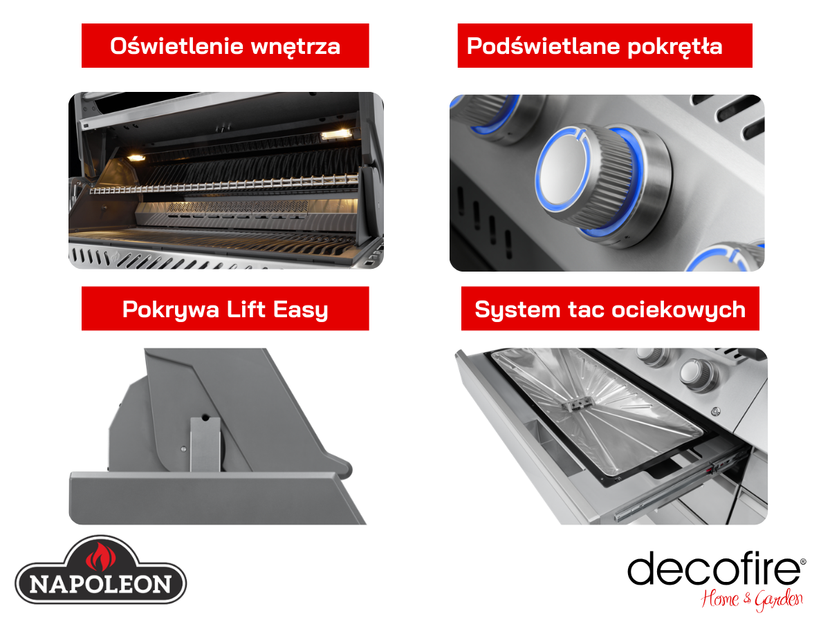 Dodatkowe udogodnienia w grillu gazowym Napoleon Prestige PRO 665 z palnikiem rożna i palnikiem bocznym Sizzle Zone