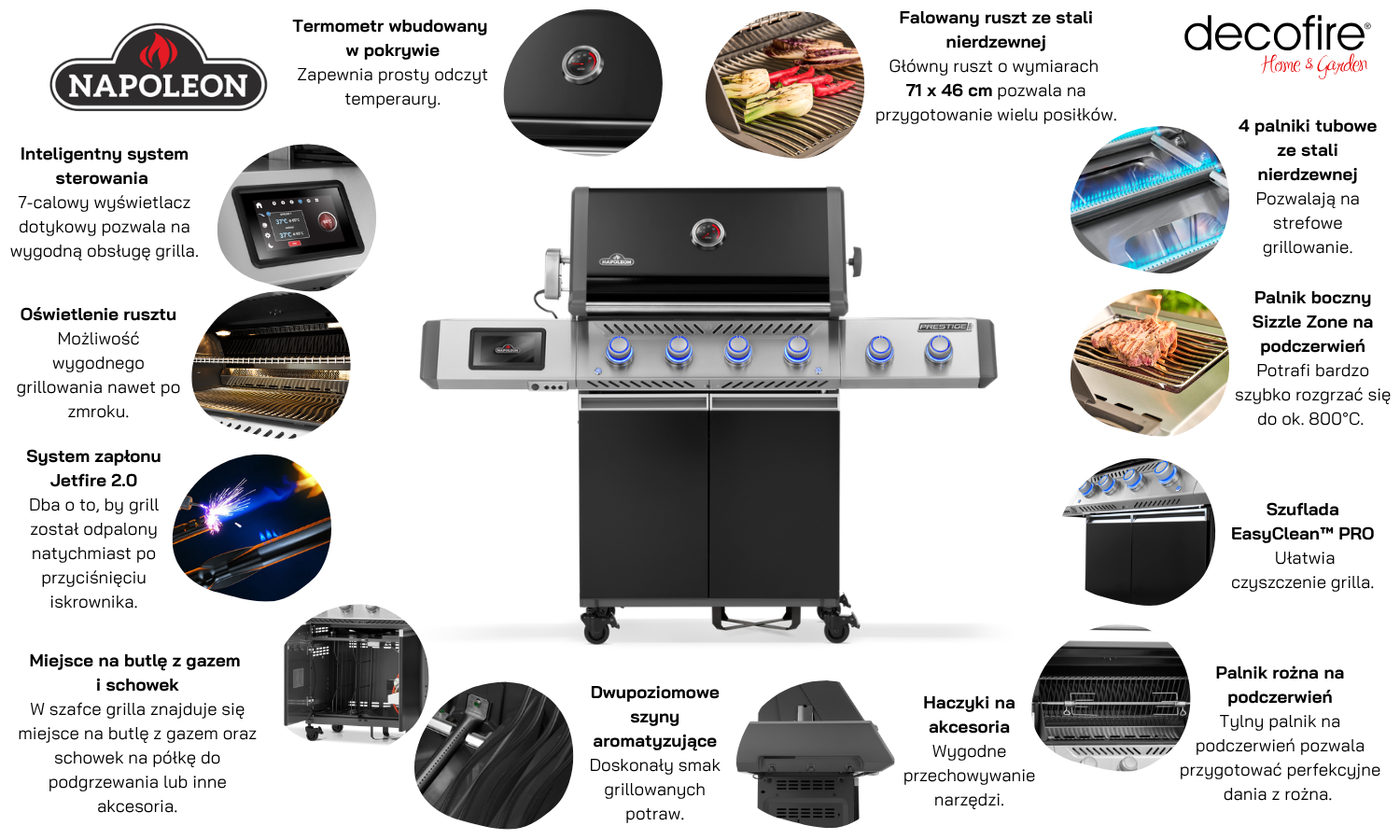 Grill gazowy Napoleon Prestige PRO 500 z palnikiem rożna i palnikiem bocznym Sizzle Zone