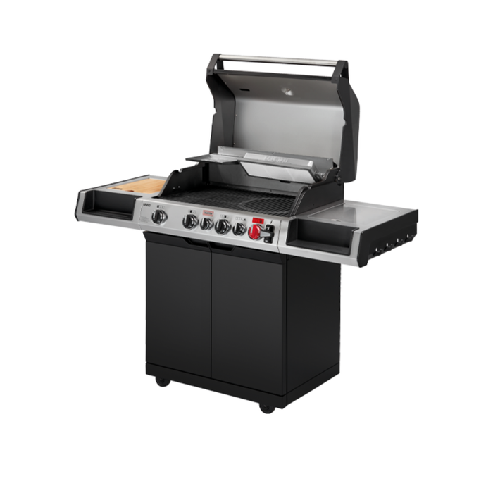 Grill Enders Uniq Pro 4 IK Cruster z otwartą pokrywą, prezentujący ruszt żeliwny i nowoczesny panel sterowania z podświetlanymi pokrętłami.
