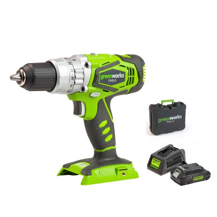 GreenWorks Akumulatorowa Wiertarko-Wkrętarka udarowa 24V Zestaw – Bateria 2Ah + Ładowarka (3801107VA)