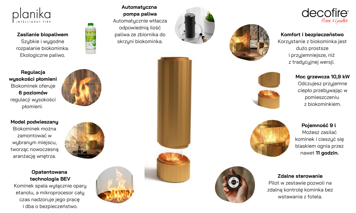 Biokominek automatyczny Pillar Metalic Gold Planika cechy