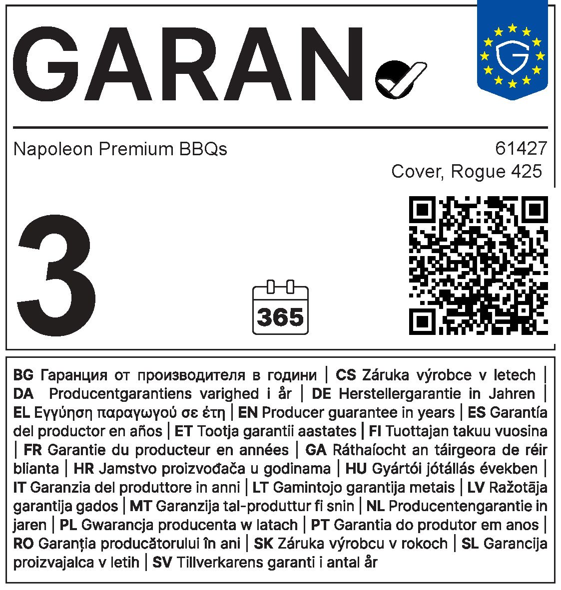 Etykieta gwarancyjna 3 lata Napoleon 61427