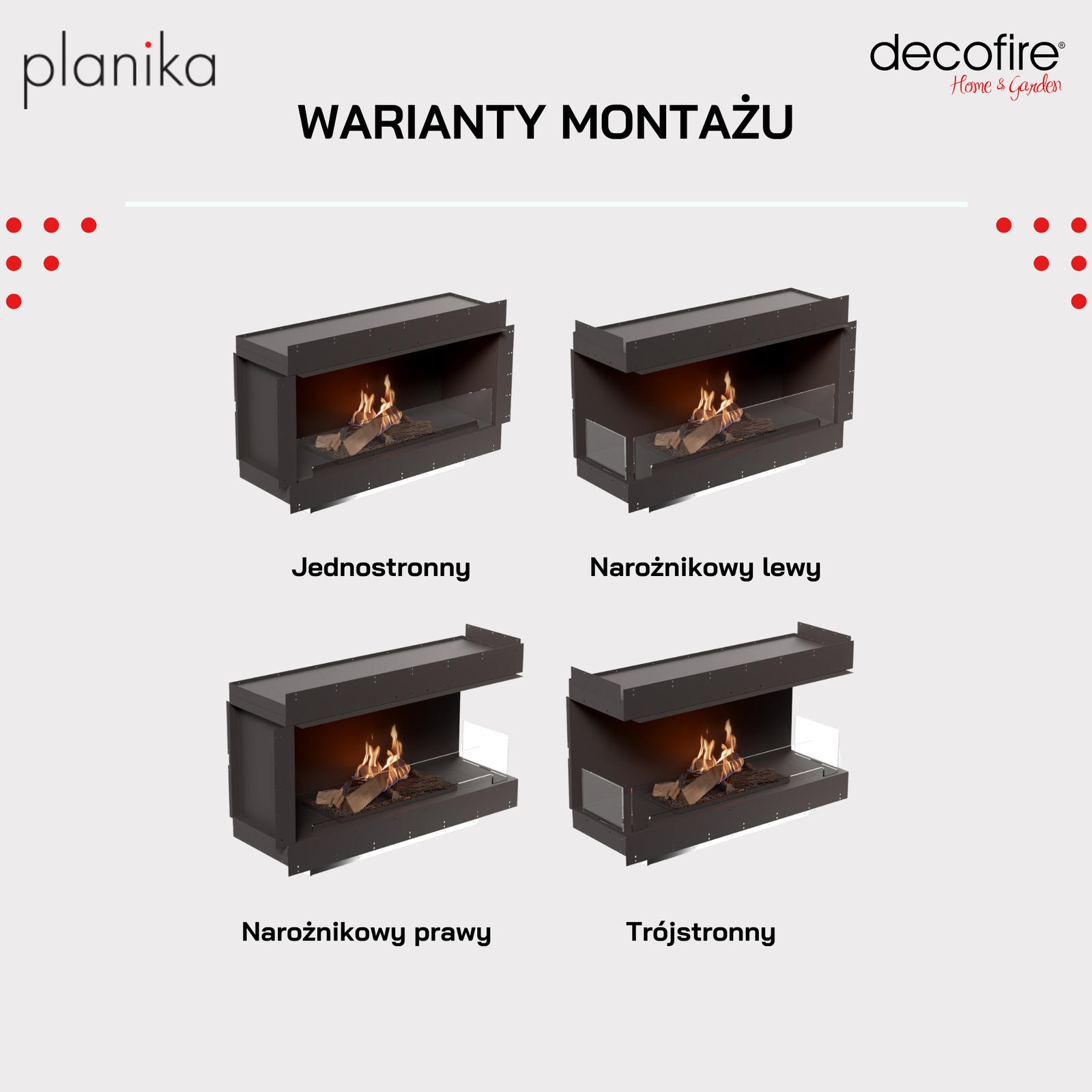 Biokominek Planika Flogs 990+ mm + Forma 1200 warianty montazu