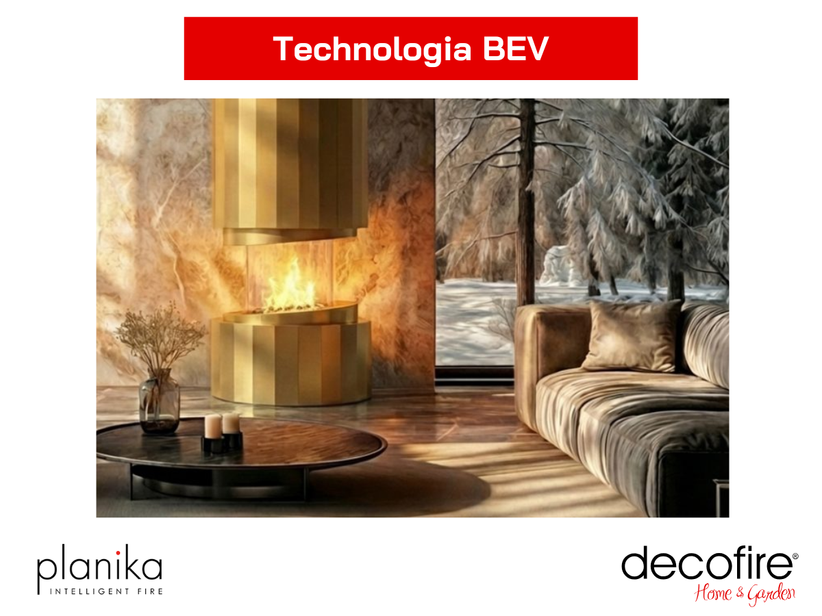 Biokominek Planika Pillar Metalic Gold – technologia BEV