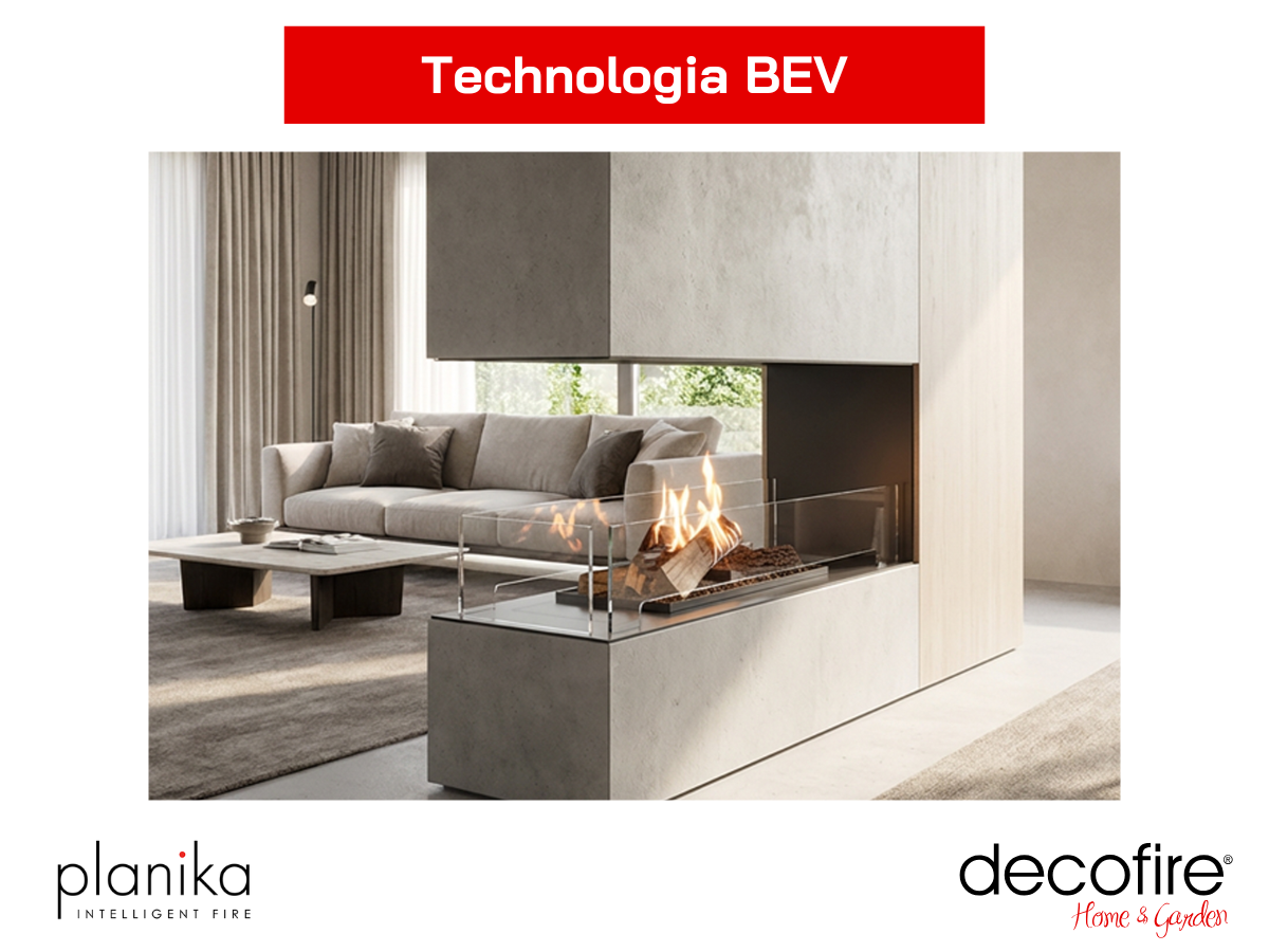 Biokominek Planika Flogs 990 mm + Forma 1200 z podłączeniem do komina – technologia BEV