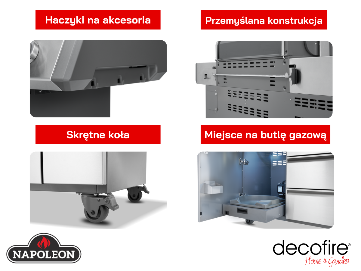 Dodatkowe udogodnienia w grillu gazowym Napoleon Prestige PRO 665 z palnikiem rożna i palnikiem bocznym Sizzle Zone