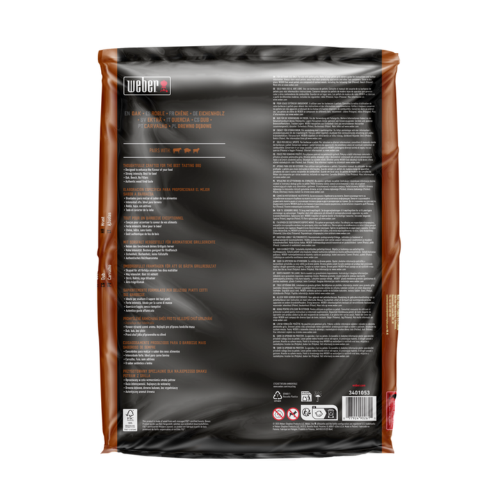 Pellet z naturalnego drewna dębowego 8 kg Weber opakowanie tył