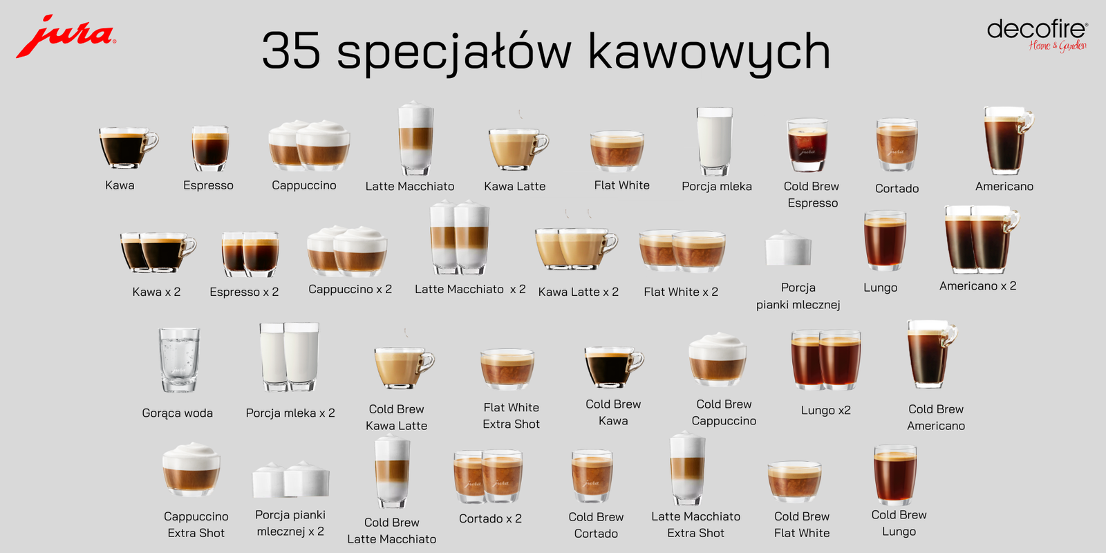 35 specjałów kawowych dostępnych w ekspresie Jura X10