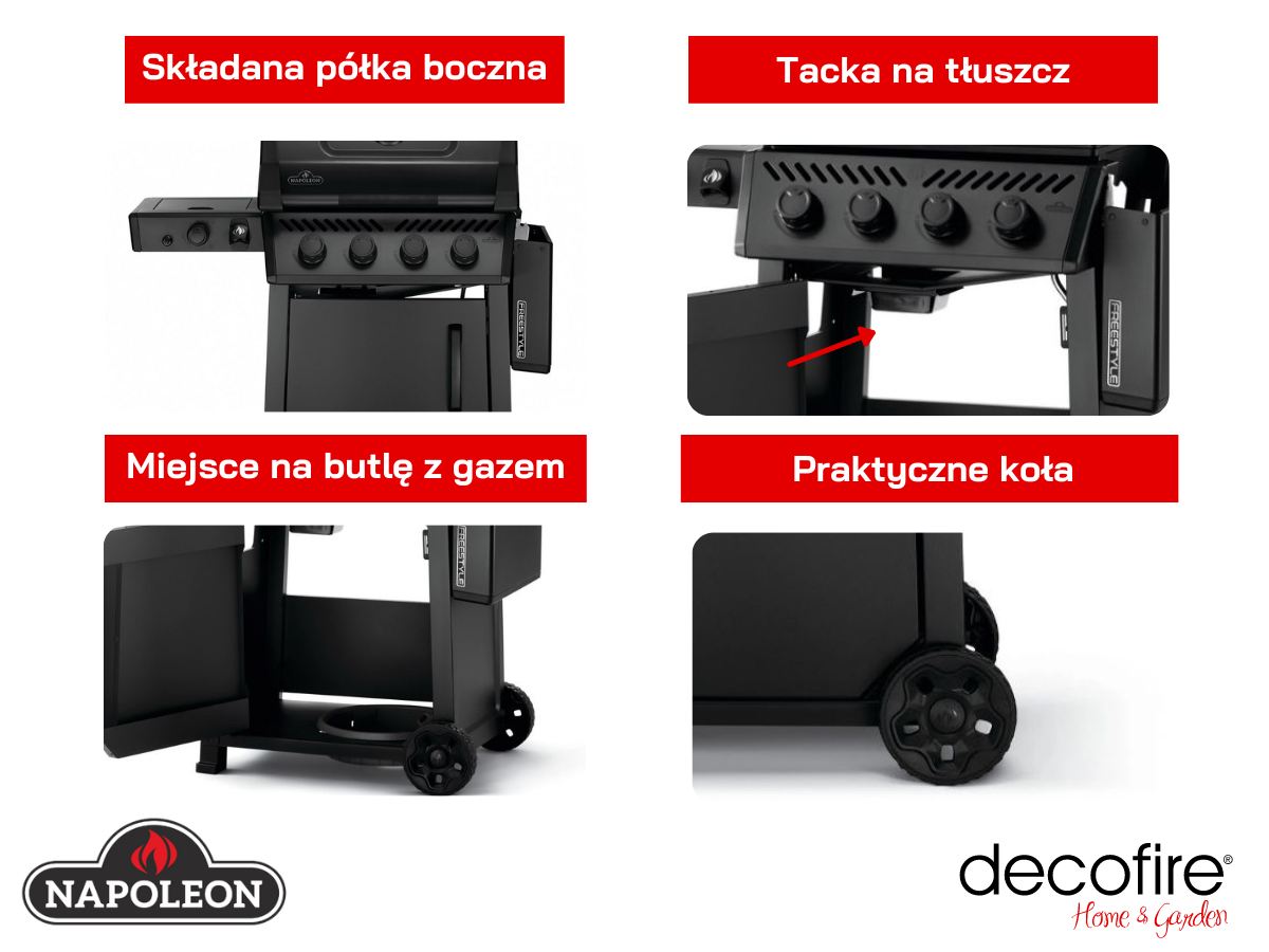 Dodatkowe udogodnienia w grillu gazowym Napoleon Phantom Freestyle 425 z palnikiem do steków 800°C
