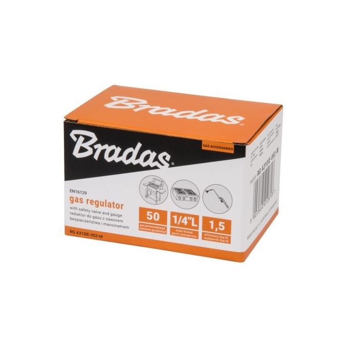Bradas Reduktor gazowy 50mbar, 1,5kg/h, z zaworem bezpieczeństwa i manometrem, GZ 1/4" L