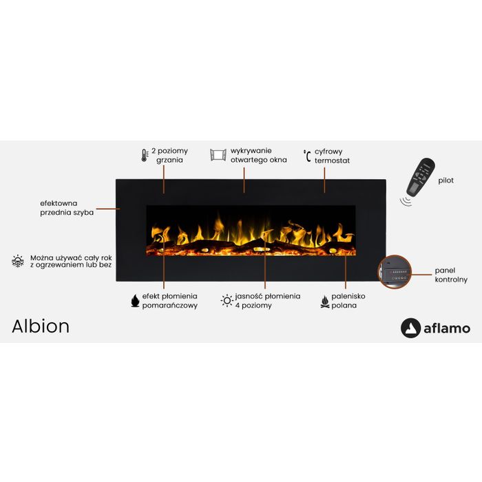 Aflamo kominek elektryczny Albion czarny ścienny