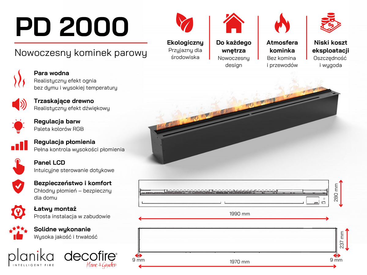 Wodna kaseta kominkowa Planika Cool Flame PD 2000 specyfikacja techniczna