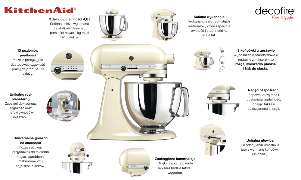 Mikser Artisan 5 Almond Cream 4,8 l cechy urządzenia