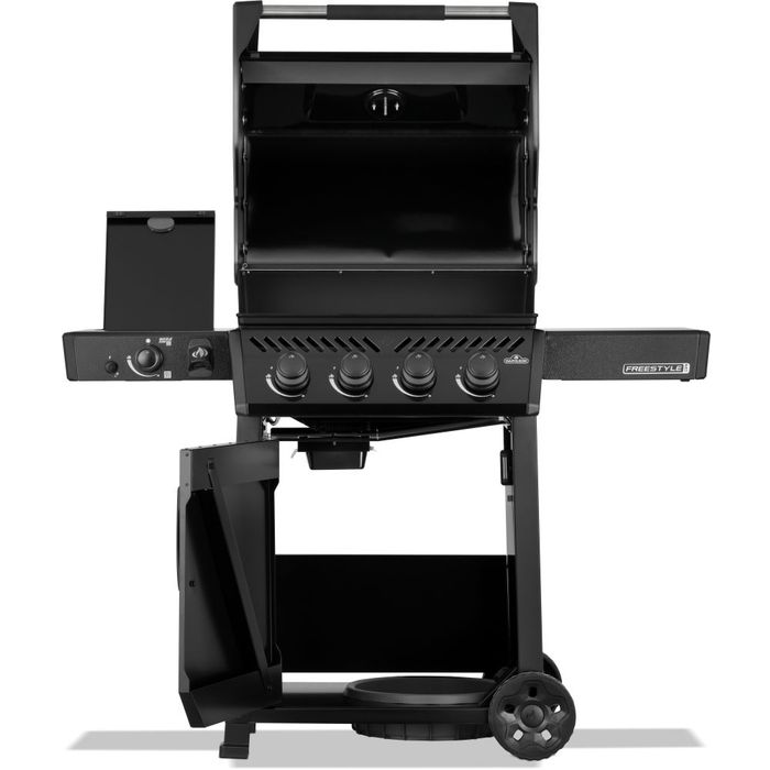 Grill gazowy Napoleon Freestyle PRO 425 z palnikiem bocznym na podczerwień z podniesioną pokrywą, klapą Sizzle Zone i otwartą półką