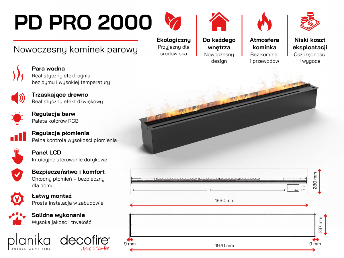 Wodna kaseta kominkowa Planika Cool Flame PD PRO 2000 – specyfikacja techniczna