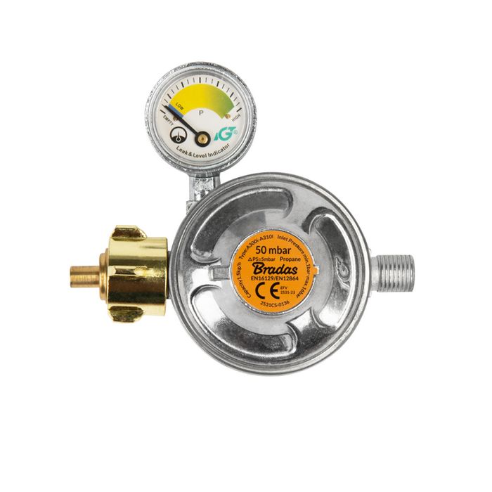 Bradas Reduktor gazowy 50mbar, 1,5kg/h, z zaworem bezpieczeństwa i manometrem, GZ 1/4" L