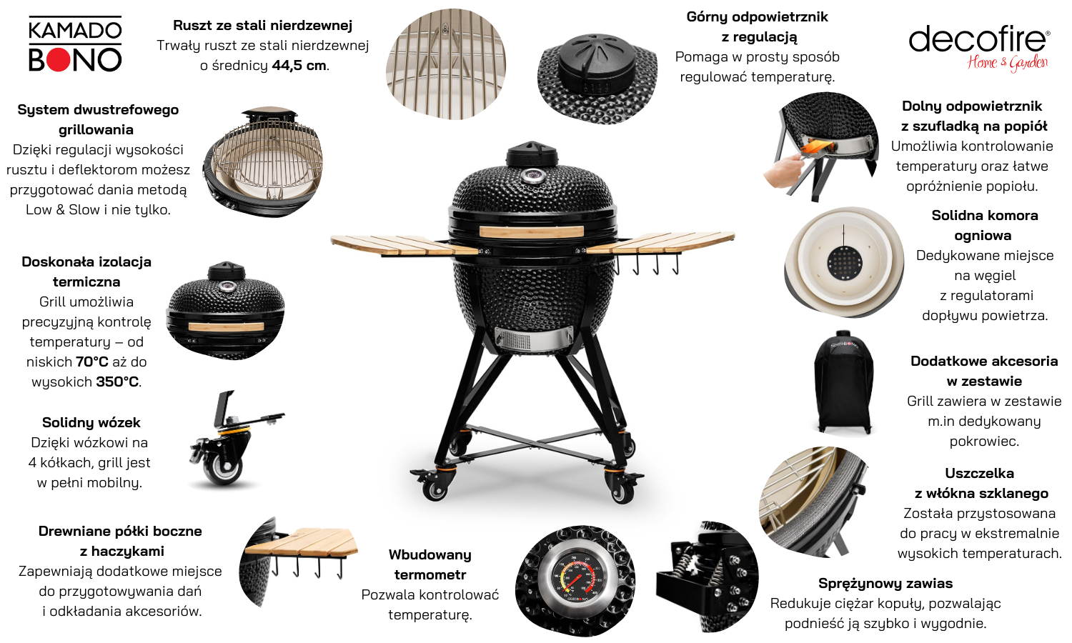 Grill ceramiczny węglowy Kamado Bono Media 20" 52 cm black cechy