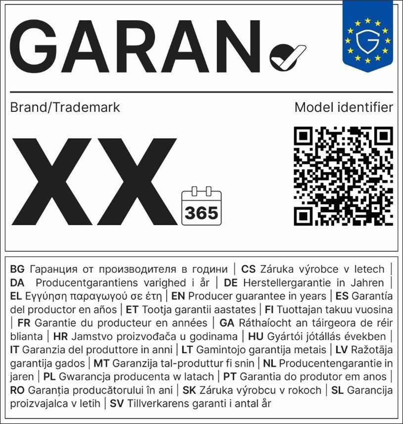 Wz&oacute;r etykiety GARAN: znak marki, identyfikator modelu, kod QR i liczba lat gwarancji producenta
