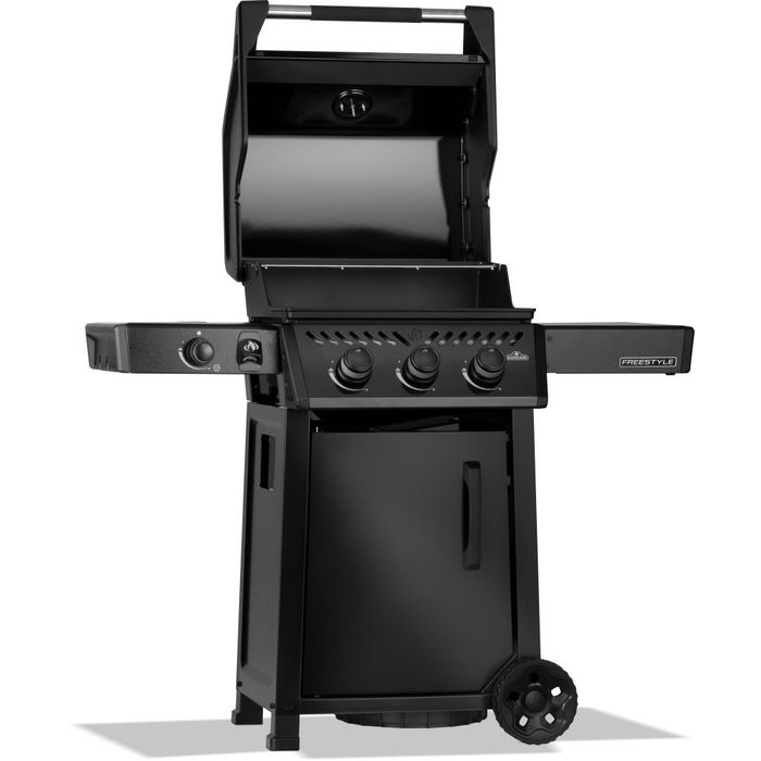 Grill gazowy Napoleon Freestyle 365 z palnikiem bocznym czarny widok z lewej strony