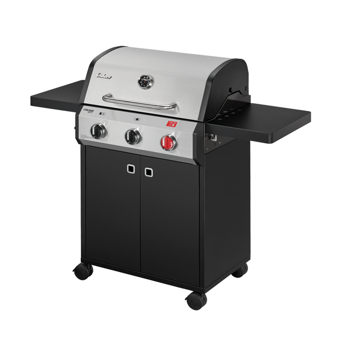Nowoczesny grill gazowy z trzema palnikami, szafką na butlę gazową i panelem sterowania z czerwonymi akcentami.