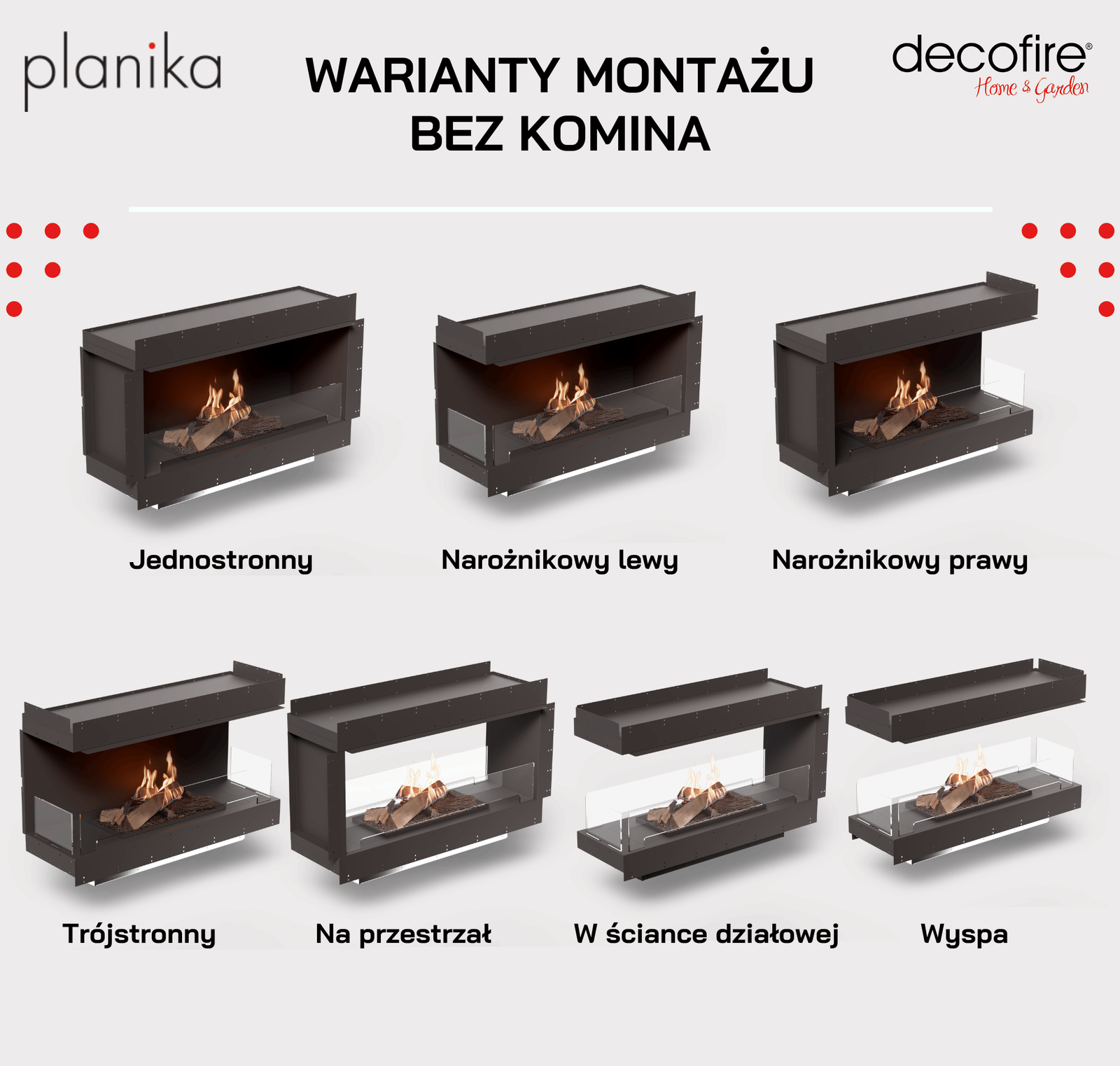Warianty montażu biokominka Planika Flogs 990 mm + Forma 1200