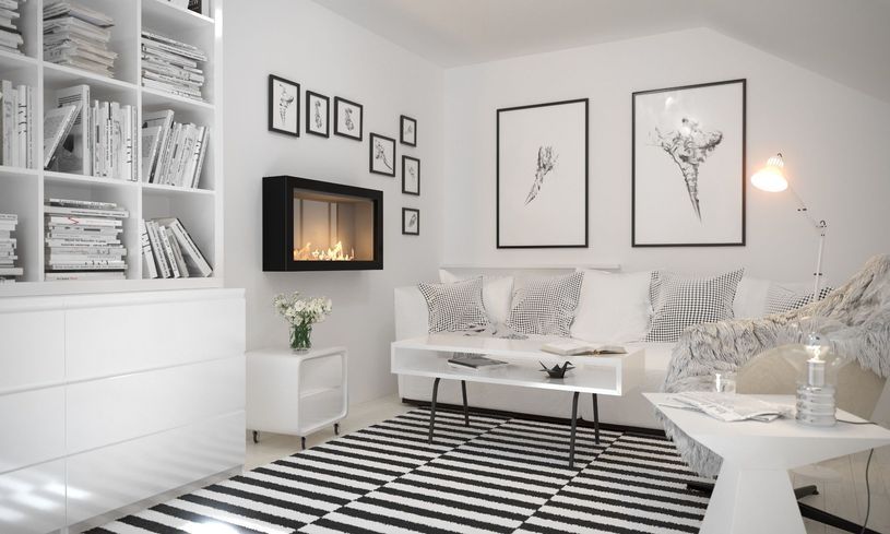 Minimalistyczny salon z biokominkiem wiszącym MCJ NERO