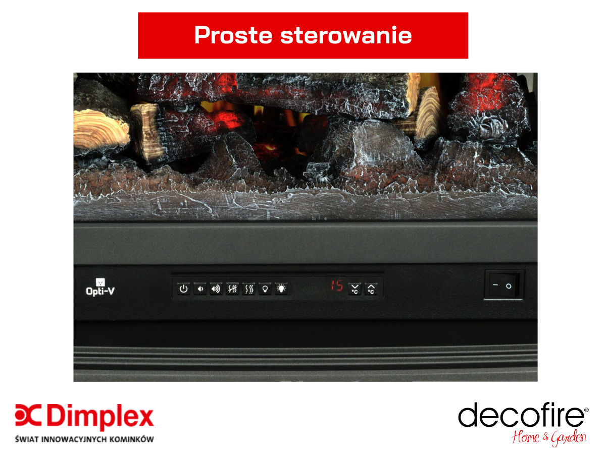 Dimplex Sunningdale Opti-V może być sterowany za pomocą panelu lub zdalnego pilota