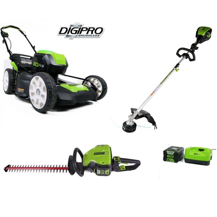 Zestaw GreenWorks Kosiarka 80 V + Kosa/Podkaszarka 80 V + Nożyce do żywopłotu 80 V + Akumulator 4Ah 80 V + Ładowarka 80 V - W ZESTAWIE TANIEJ!