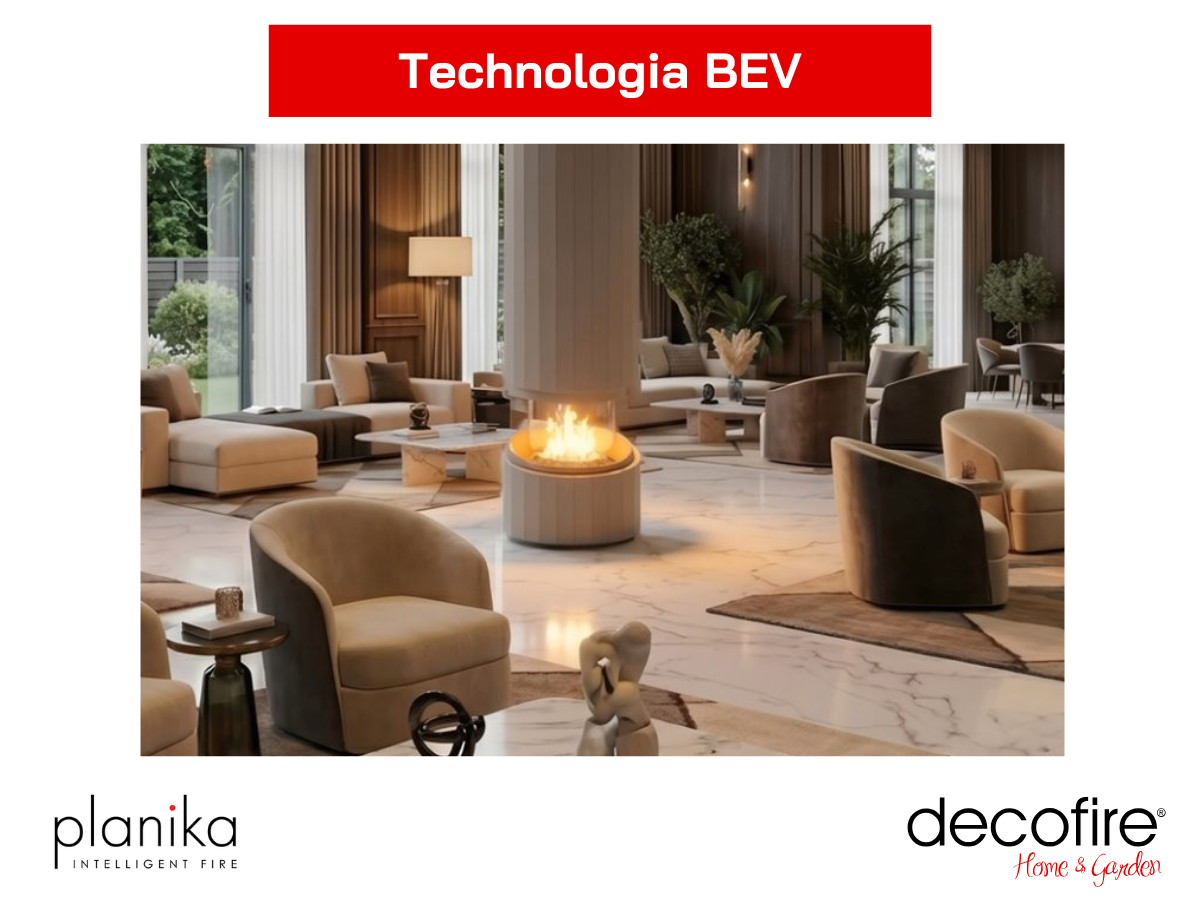 Biokominek Planika Pillar Silk Grey – technologia BEV