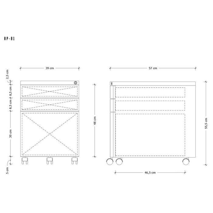 UNIQUE kontener szafka biurowa (RP-01) - 3 szuflady, biały, czarny, srebrny