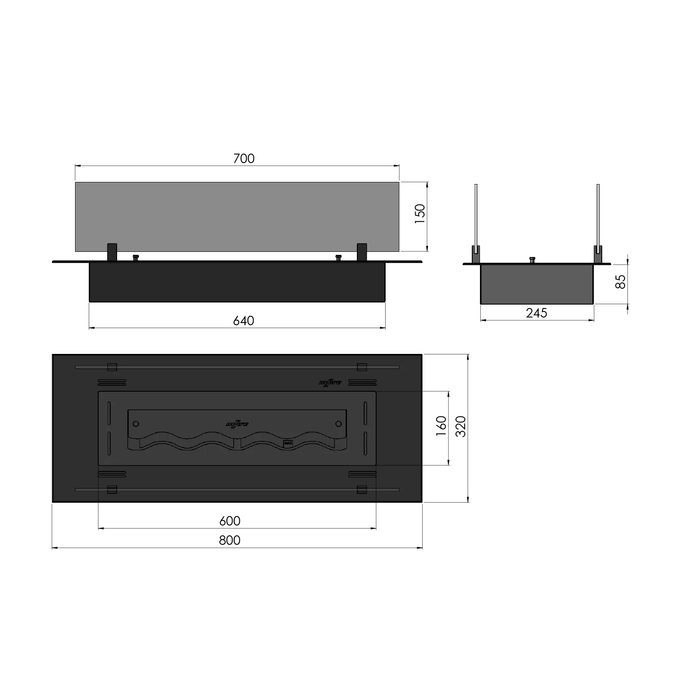 Wkład do zabudowy Infire INSERT Slim 800 wymiary