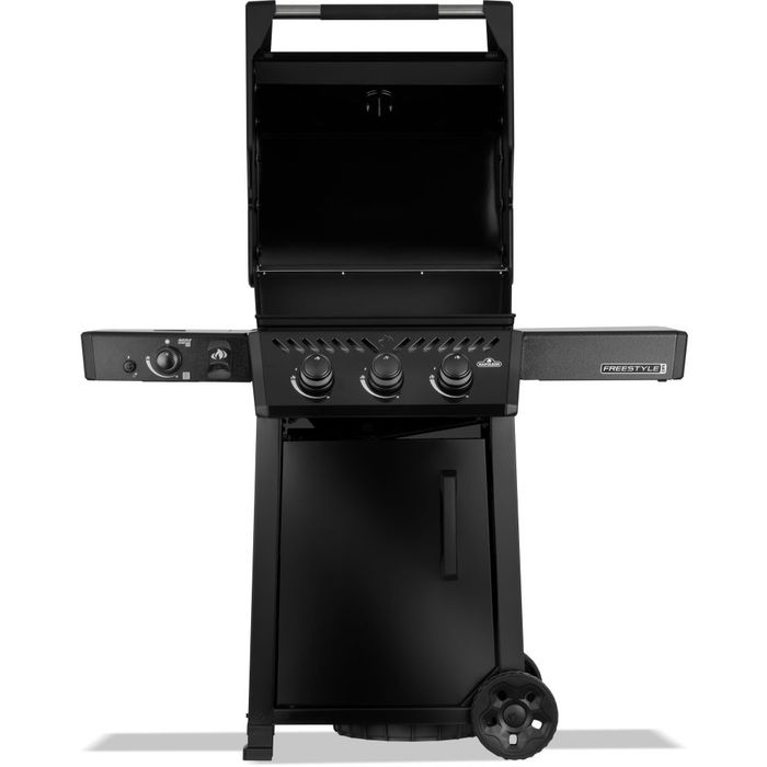 Grill gazowy Napoleon Freestyle PRO 365 z palnikiem bocznym na podczerwień Sizzle Zone czarny otwarta pokrywa