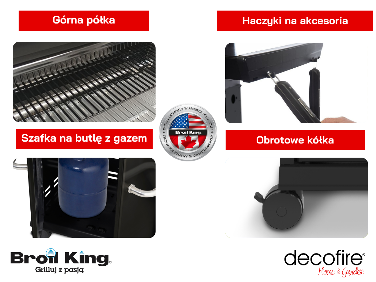 Dodatkowe cechy – grill gazowym Broil King 440. Szafka, obrotowe kółka, hacyzki na akcesoria, górny ruszt.