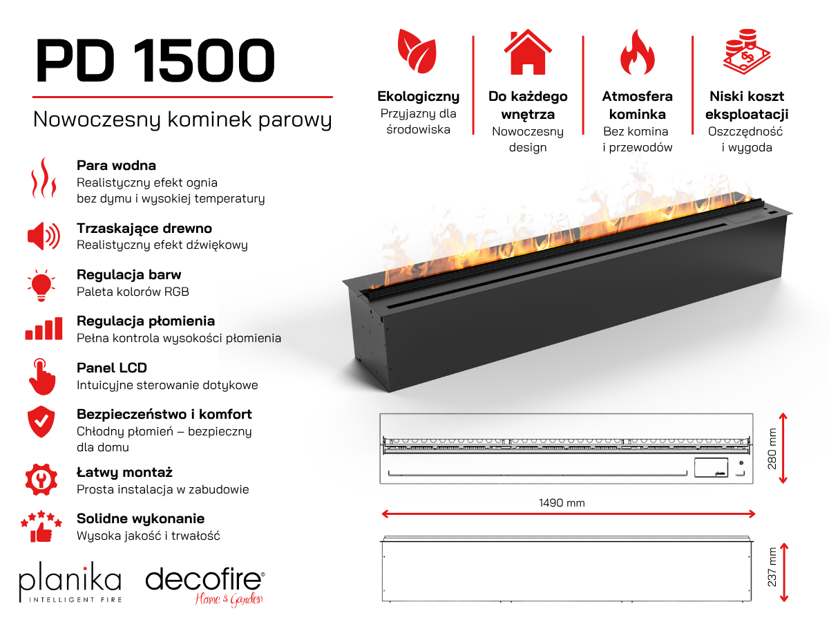 Wodna kaseta kominkowa Planika Cool Flame PD 1500 specyfikacja