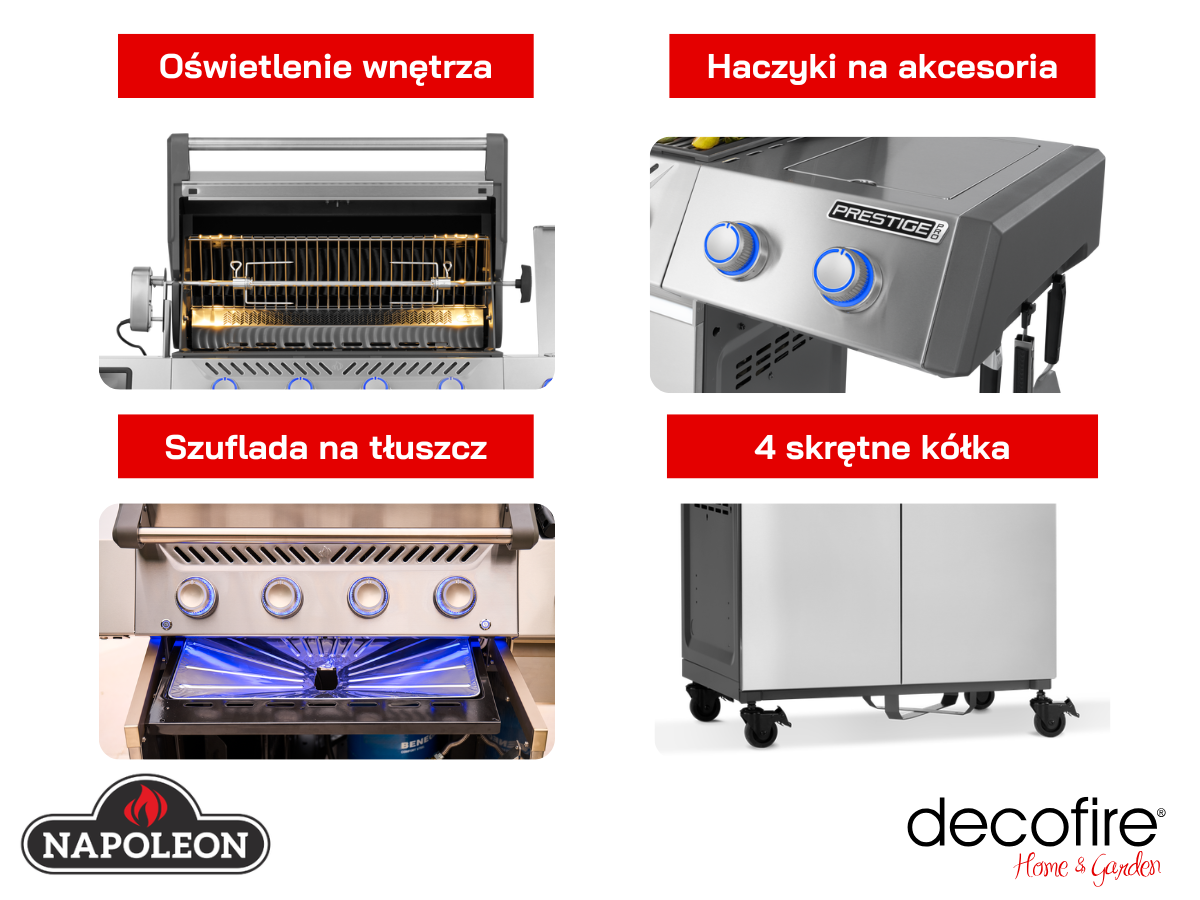 Dodatkowe udogodnienia w grillu gazowym Napoleon Prestige PRO 500 z palnikiem rożna i palnikiem bocznym Sizzle Zone