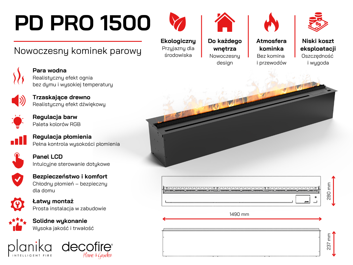 Wodna kaseta kominkowa Planika Cool Flame PD PRO 1500 specyfikacja