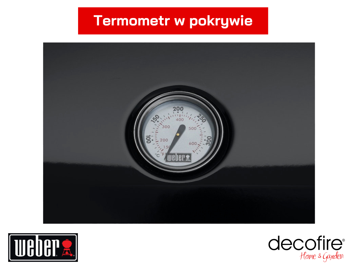 Termometr w pokrywie czarnego grilla elektrycznego Weber Lumin