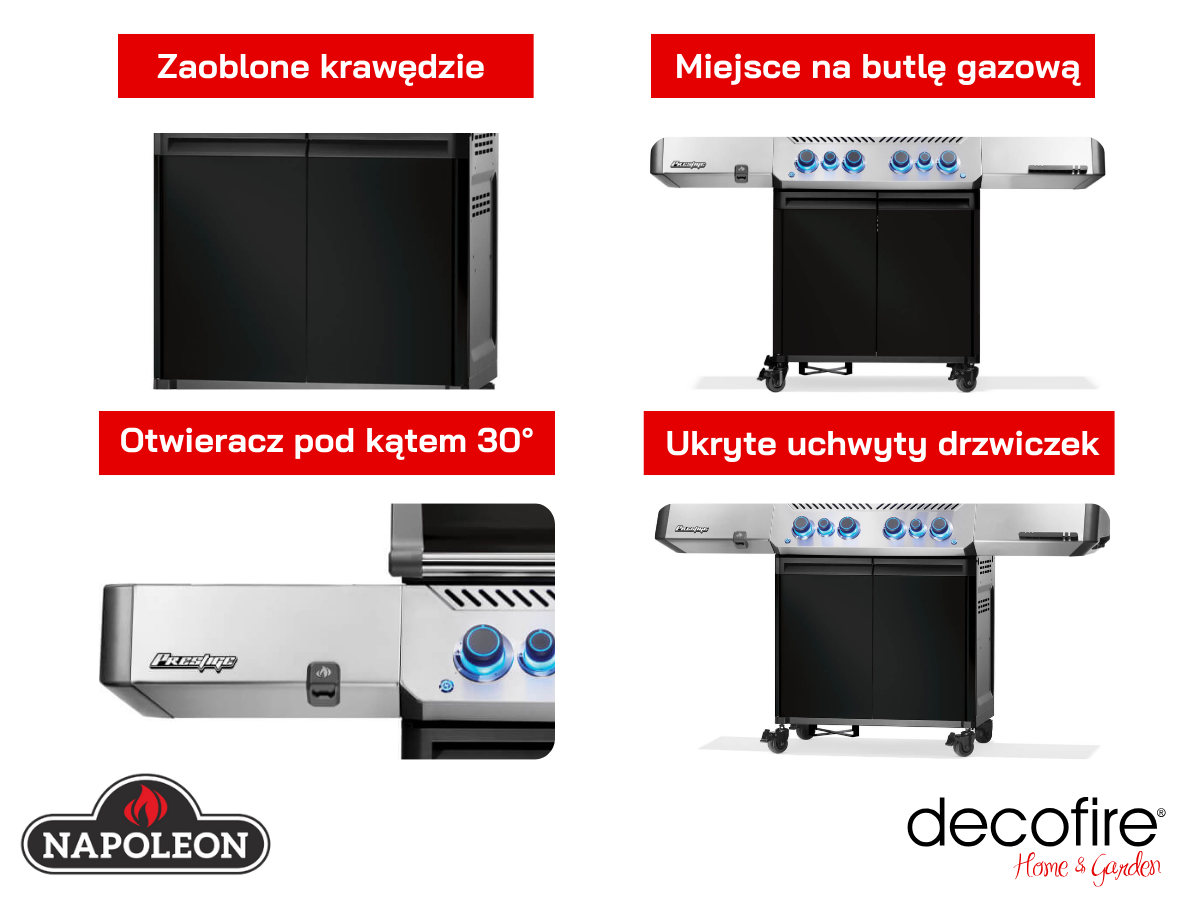 Dodatkowe udogodnienia w grillu gazowym Napoleon Prestige 500 z palnikiem rożna i palnikiem bocznym Sizzle Zone