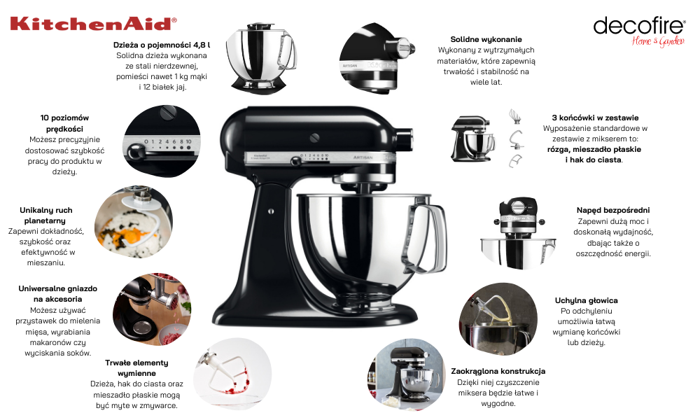 Mikser KitchenAid Artisan 5 Onyx Black 4,8 L główne funkcje