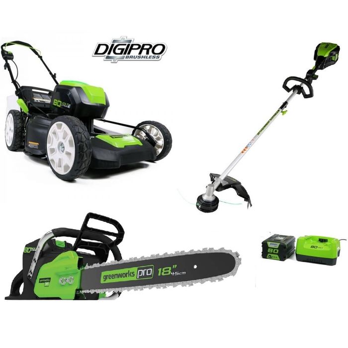 Zestaw GreenWorks Kosiarka 80 V + Pilarka łańcuchowa 80 V + Kosa/Podkaszarka 80 V + Akumulator 4Ah 80 V + Ładowarka 80 V - W ZESTAWIE TANIEJ!