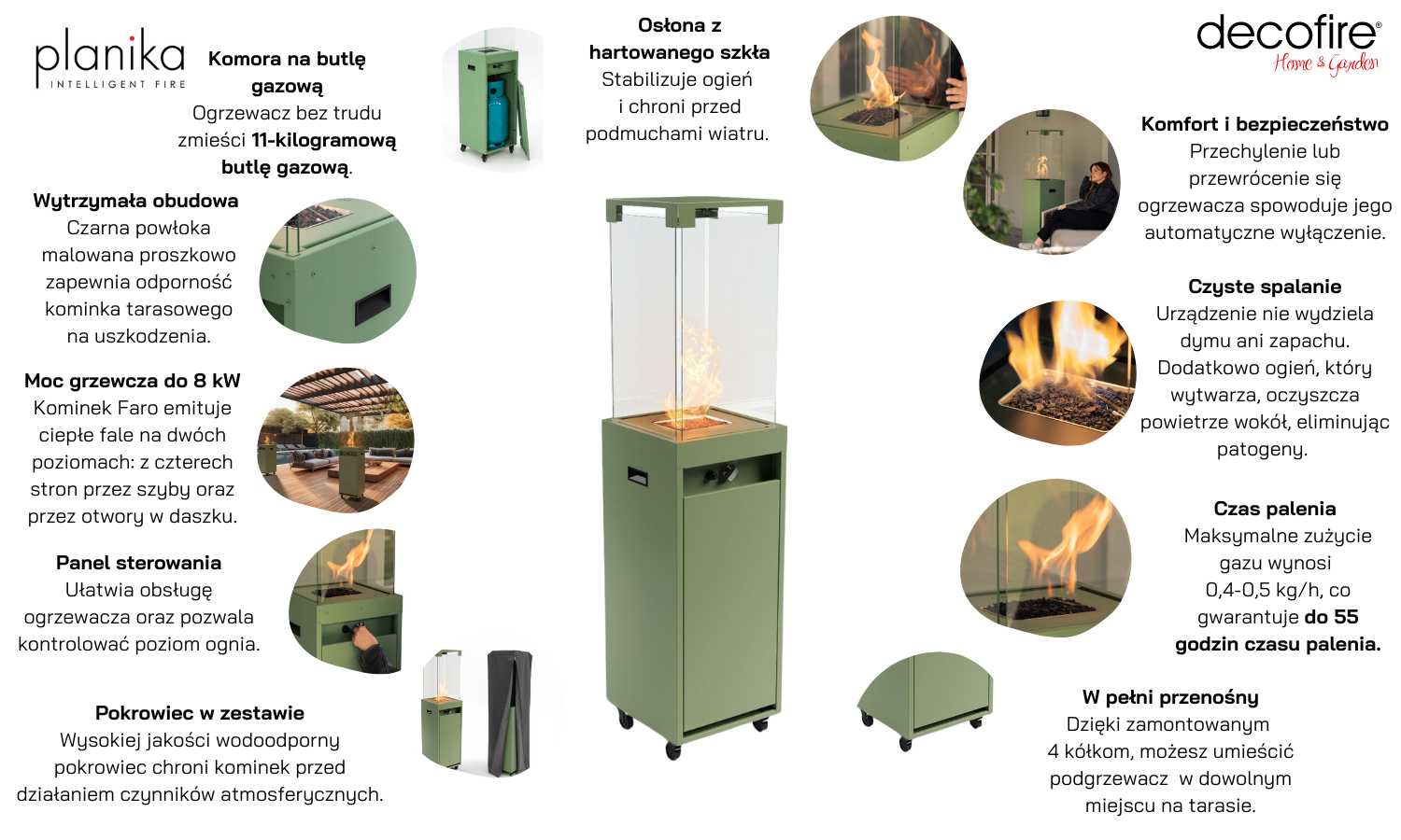 Kominek gazowy wolnostojący Faro Pale Green + pokrowiec
